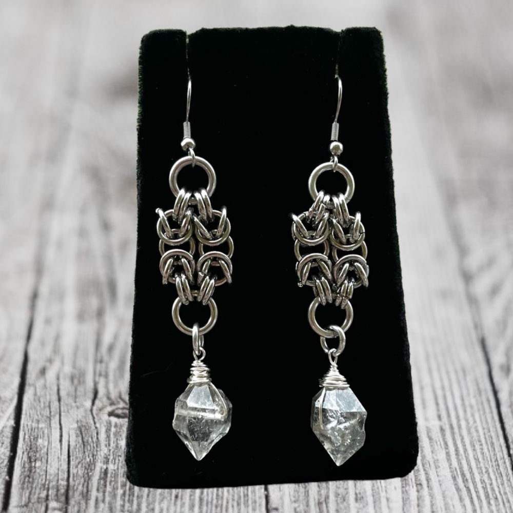 Handmade stainless steel herkimer diamonds maille dangly crystal earrings